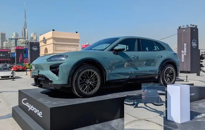 Mystic Green Metallic Cayenne EV Turbo - real life outside photos from Dubai